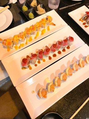 Mango Tango Roll (T) 
 Cajun Garlic Tuna Roll (M)
 Salmon Ceviche Roll (B)