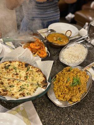 Garlic Naan, Lamb Biryani, Tandoori Shrimp, Lamb Korma