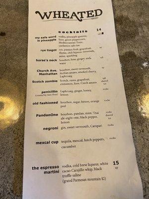 Cocktail menu