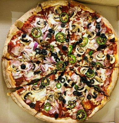 Create Your Own: ham, black olives, mushrooms, onions and jalapeños