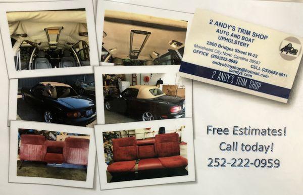 Convertible top repair, Headliners, interior seats and armrests, and boat seat repair!