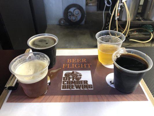 Flight of Hefe, IPAmber, Stout, and Sour Whiskey Porter.