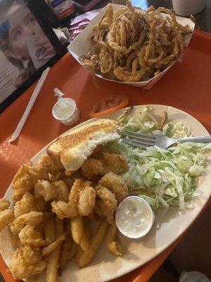 Shrimp dinner plate and large onion rings