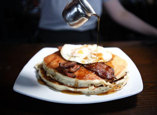 Man of Stiehl - Two eggs and four strips of bacon served atop two buttermilk pancakes - $11
 Halk order (Zeker) - $7