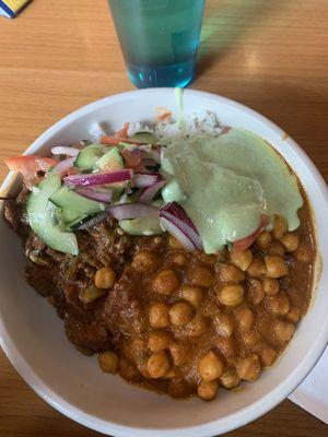 Chana Masala, beef and okra curries, mint chutney and Kachumber