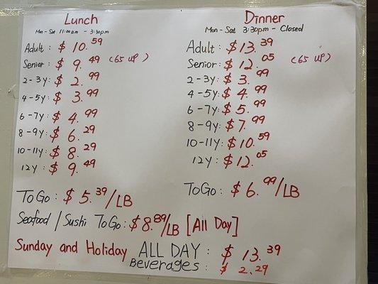 Buffet prices.