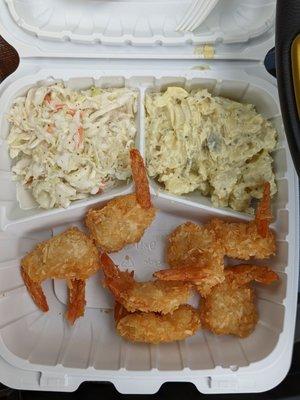 Coconut shrimp platter (minus one I ate before the picture) with coleslaw and potato salad