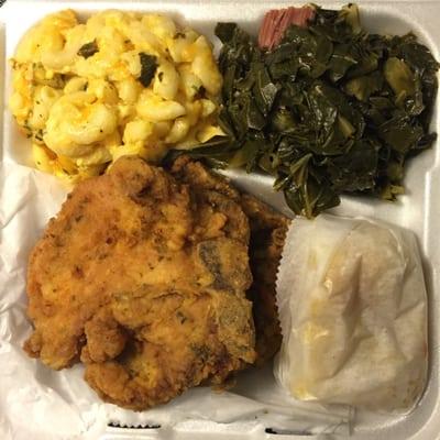 Fried Pork Chop Dinner w/Mac & Cheese, Collard Greens, and Corn Bread