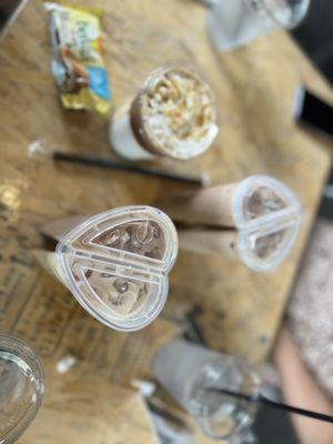 Split cup latte, iced mocha (which had caramel drizzled inside for some reason), and a belvita because the wait was so long.