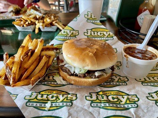 Bacon cheeseburger, fries, and complimentary beans.