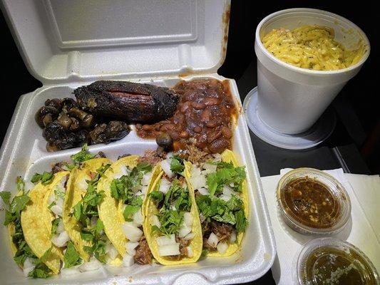 Brisket tacos, chicken spaghetti, sautéed mushrooms,pork rib and baked beans. All wonderful!