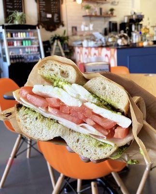 chicken caprese sandwich on a sidedoor bagel