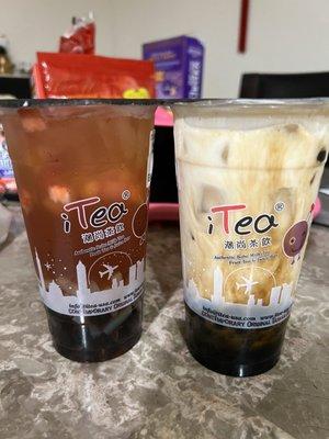 Strawberry Fruit Tea w/ Boba, Strawberry Bits, & Lychee Jelly, Brown Sugar Boba Latte [w/ Brown Sugar Boba]