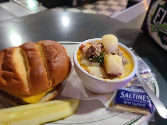 Cheese burger and Italian soup. I am going to go here for lunch every day this week. There soups are great!