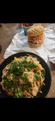 Asian noodle salad w/shrimp and a captain club sandwich