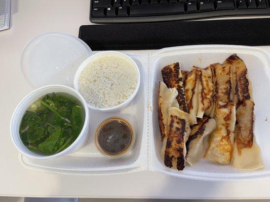 Wonton soup, steamed rice, pork pan fried dumplings