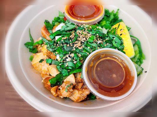 Chicken and Egg moon bowl with citrus-marinated kale as base.