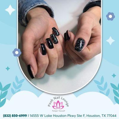 Transform your nails with the sleek elegance of black nail polish.
 Don't miss out on our sizzling hot deals at Posh Nail Lounge!