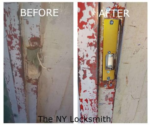 A building's front door was damaged by a police break-in. we restored the frame and the wiring and installed a new electric strike.