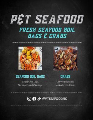 Delicious boil bags, seafood platters and steamed blue crabs!