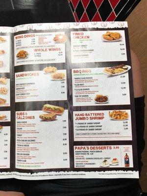 Menu - wings, sandwiches, subs, fried chicken, shrimp, and ribs