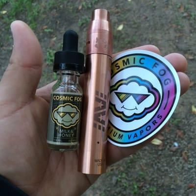 My first setup!
 
 Copper AmeraVape Buster Mod
 Doge v2 RDA
 
 Cosmic Fog "Milk & Honey" Juice
 Cosmic Fog sticker