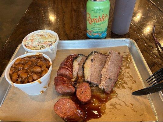 beef smoked sausage, brisket, beans, slaw.