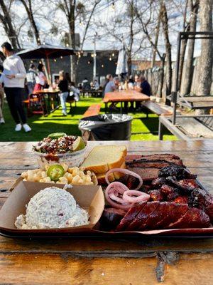 Potato Salad, garlic sausage, Smoked Mac & Cheese, Pork Belly Burnt Ends