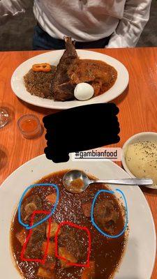 The blue circles are the two oxtails, and the red are the two pieces of beef.