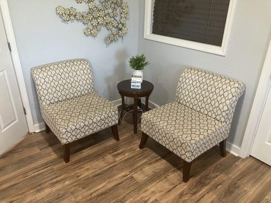 Waiting area at Spot ON Massage LLC. Located at 3816 Browns Bridge Rd, Cumming, Ga. We are inside The Counseling Group.