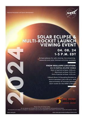 Monday, April 8, open from 1-5 p.m. for the solar eclipse and multi-rocket launch viewing event.