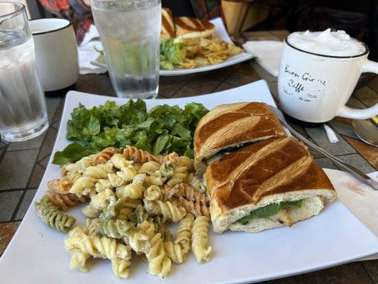 Sessa chicken sandwich with tuna pasta and a side salad. Macchiato.