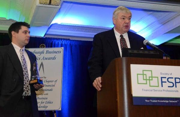 Steve Rennekamp, president of Energy Swing, proudly accepts the Pittsburgh Business Ethics Award in February of 2014!