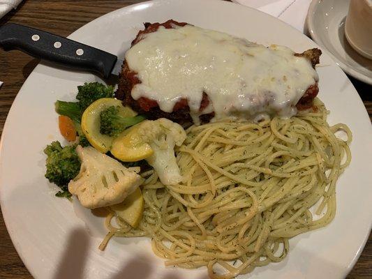 Crispy chicken Parm. Massive. The noodles need salt, but the vegetables were nice.