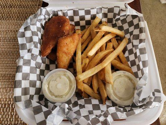 Fish and chips. I mean... I didn't look at a picture first. $14. The tarter sauce is good.