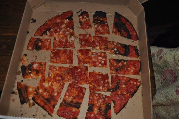 My family and I are very disappointed in the pizzas we got today, burnt, hardly any topping nor much sauce.