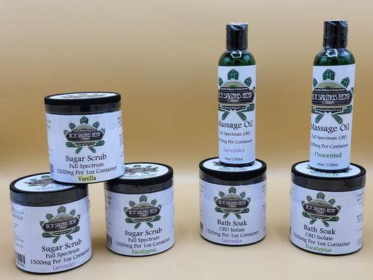 Bath Soaks, Sugar Scrubs and Massage Oils all made by us for you with 1500mg Full Spectrum CBD