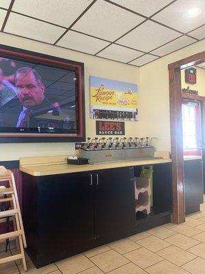 Looking at the dip bar and tv.