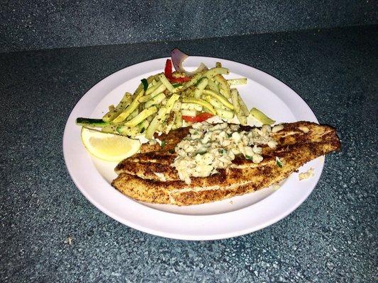 Blackened redfish with veggies