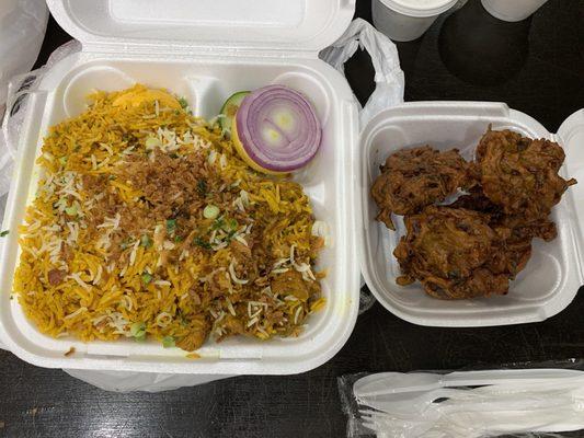 Chicken Biriyani and  Pakora