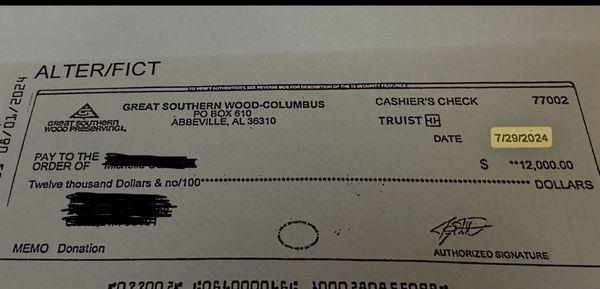 Altered/fictitous check received from "Dynamic Wealth Management".