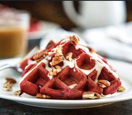 Red velvet waffles,candy pecans