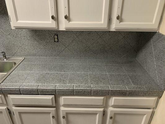 Tile Countertop and Backsplash Resurfaced in Spray Stone