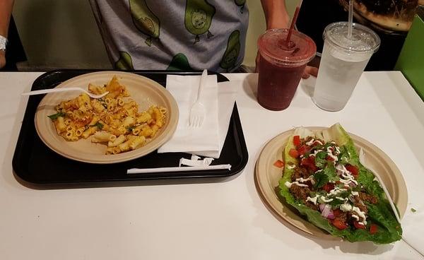 Perfect dinner for 2. A raw, vegan 2 taco plate & a gluten-free, vegan Garlic mac & cheese. Very Berry smoothie w/ Acai & lrg Alkaline water