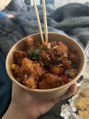 Sweet & Spicy chicken and rice bowl with all the toppings