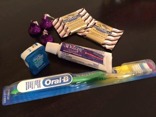 You get free floss, toothbrush and toothpaste after your regular check-ups. The chocolates are just props.