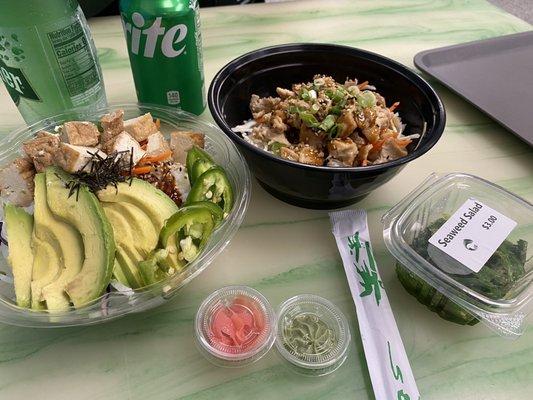 Chicken bowl, tofu rice avocado bowl and sea weed salad with two drinks: $31. Will DEFINITELY come back. Place is clean. Staff is nice.