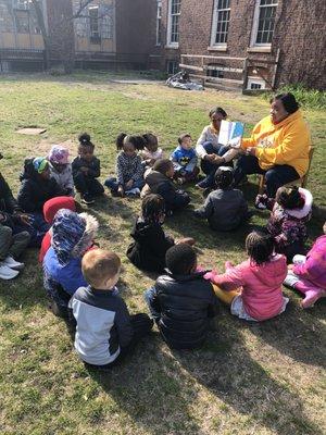 Story time on the lawn