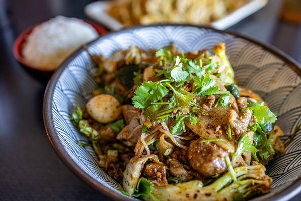 Beef Slices Hot Bowl w/ House Special Dry Mix w/ added Quail eggs ($21 + $4/eggs)