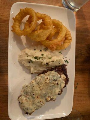 NY Strip Steak with garlic mashed potatoes and onion rings